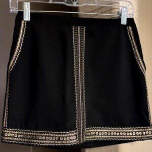 Madewell Black Mini Skirt with Gold Embellished Trim & Pockets, Size 0